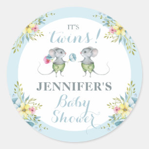 Pegatina Redonda Es el Baby Shower de Twins Blue Floral Boy y Boy
