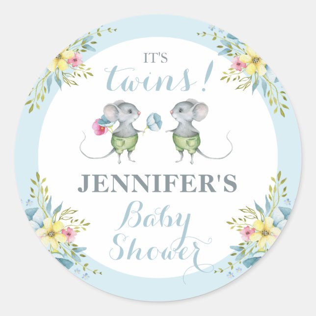 Pegatina Redonda Es el Baby Shower de Twins Blue Floral Boy y Boy (Anverso)