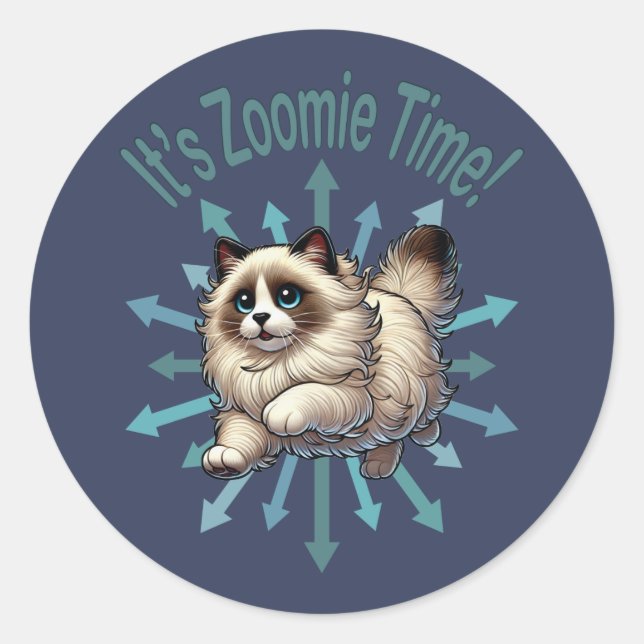 Pegatina Redonda Es el gato Zoomie Time Ragdoll (Anverso)