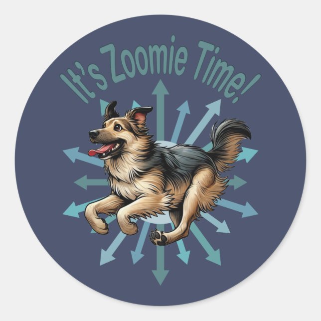 Pegatina Redonda Es el zoomie time Large Mutt (Anverso)