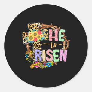 Pegatina Redonda Es Floral Risen Jesús Día de Pascua Cristianos Leo