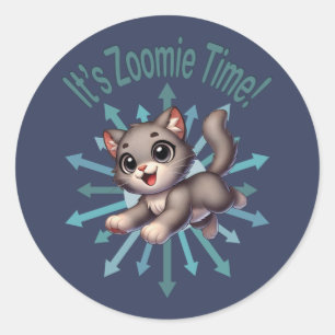 Pegatina Redonda Es Hora de Zoomie Gato Gris y Blanco Lindo