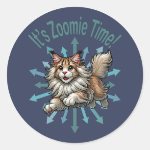 Pegatina Redonda Es hora de Zoomie Maine Coon Cat
