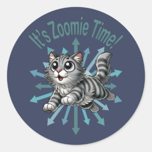 Pegatina Redonda Es Hora Zoomie Gato Atigrado Gris