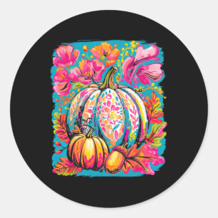 Pegatina Redonda Es La Temporada Calabaza Otoño Caída De Hojas Para