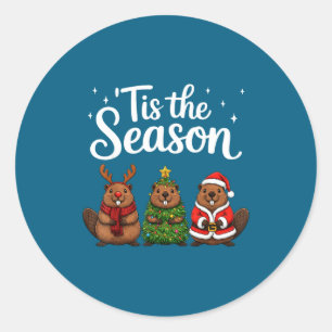 Pegatina Redonda Es La Temporada Castor Navidad Santa
