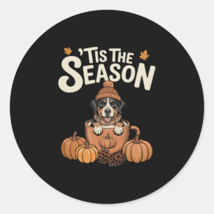Pegatina Redonda Es La Temporada Perro Suizo Café Otoño Pumpk
