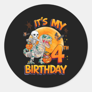 Pegatina Redonda Es Mi 4º Cumpleaños Esqueleto de Dinosaurio Momia