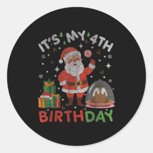 Pegatina Redonda Es mi cuarto cumpleaños-divertido Navidad Santa 4t