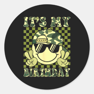 Pegatina Redonda Es Mi Cumpleaños Camo Sonrisa Cara Cumpleaños Niño