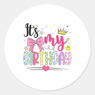 Pegatina Redonda Es Mi Cumpleaños Coquette Lazo Flor Cumpleaños Muj