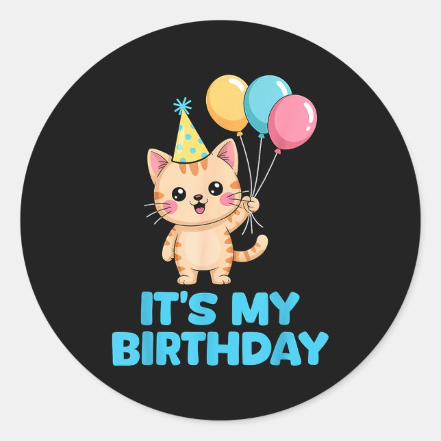 Pegatina Redonda Es Mi Cumpleaños Gato Kawaii  (Anverso)