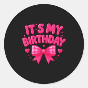 Pegatina Redonda Es Mi Cumpleaños Lindo Rosa, Corazones de Lazo Div