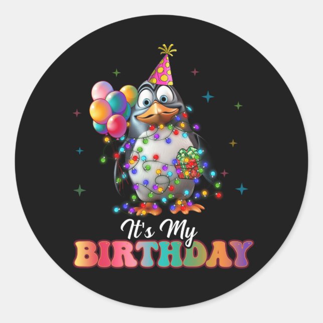 Pegatina Redonda Es mi cumpleaños, los Navidades del pingüino encie (Anverso)