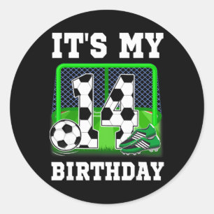 Pegatina Redonda Es mi cumpleaños número 14 Tema de fútbol Niño de