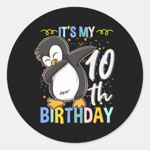 Pegatina Redonda Es mi décimo cumpleaños Pingüino Dabbing