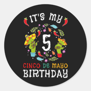 Pegatina Redonda Es mi quinto cumpleaños Cinco De Mayo Mustache Niñ
