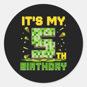 Pegatina Redonda Es mi quinto cumpleaños, niño de 5 años, Pixel de 