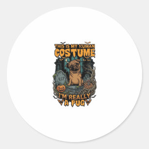 Pegatina Redonda Es Pug de Disfraz Humano Halloween Calabaza Lápida