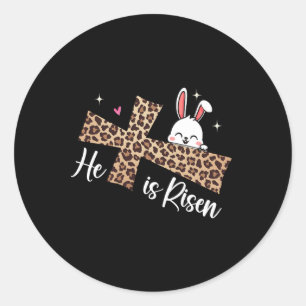 Pegatina Redonda Es Risen Leopard Cross Bunny Easter Day Christi