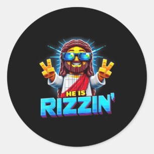 Pegatina Redonda Es Rizzen Jesús Tiene Rizzen Retro Píxe Cristiano
