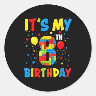 Pegatina Redonda Es su cumpleaños número 8 bloques de construcción 
