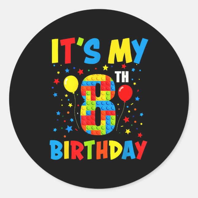 Pegatina Redonda Es su cumpleaños número 8 bloques de construcción  (Anverso)