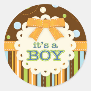 Pegatina Redonda Es un arco Brown azul del muchacho en bebé de las
