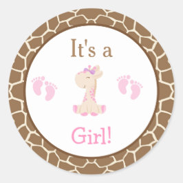 Pegatina Redonda Es un Baby Shower Chica Giraffe