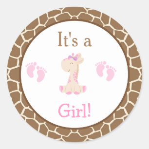 Pegatina Redonda Es un Baby Shower Chica Giraffe