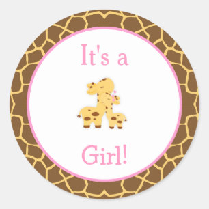 Pegatina Redonda Es un Baby Shower Chica Giraffe