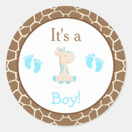 Pegatina Redonda Es un Baby Shower de Boy Giraffe
