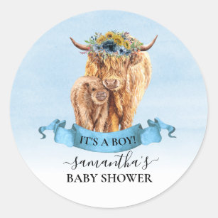 Pegatina Redonda  Es un Baby Shower de cría de vaca Blue Highland  