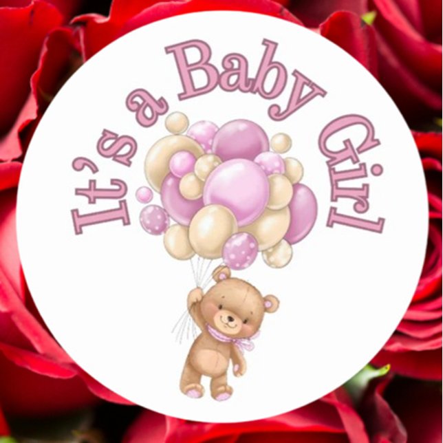 Pegatina Redonda Es un Baby Shower de oso chica (Celebrate your baby girl’s arrival with this adorable bear baby shower sticker)
