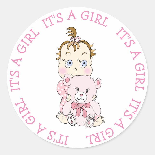 Pegatina Redonda Es un bebé Chica y un osito de peluche (Anverso)