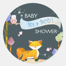 Pegatina Redonda Es un BOY Woodland Fox Baby Shower