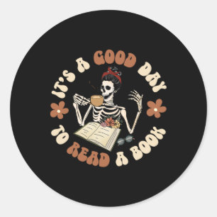Pegatina Redonda Es un buen día para leer un libro Skeleton Groovy