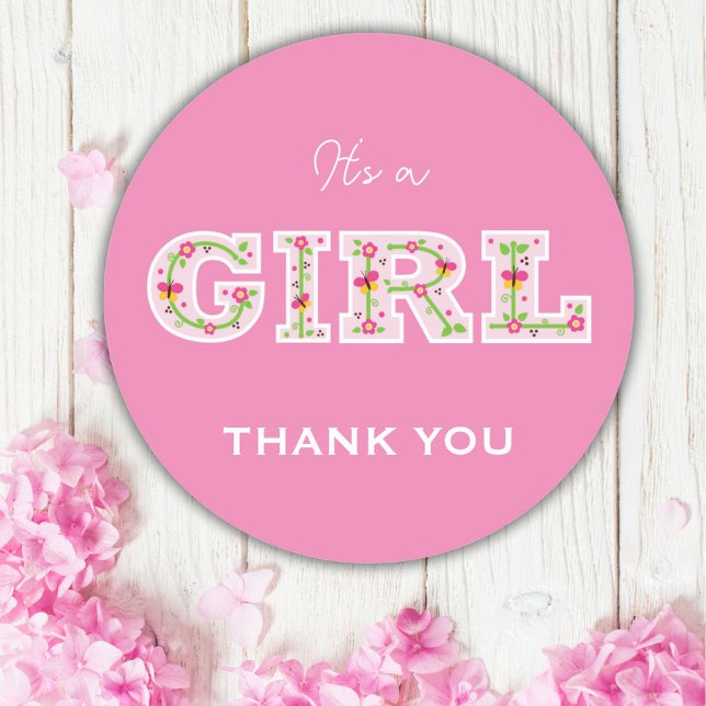 Pegatina Redonda es un chica, flores y mariposas una ducha bebé (Subido por el creador)