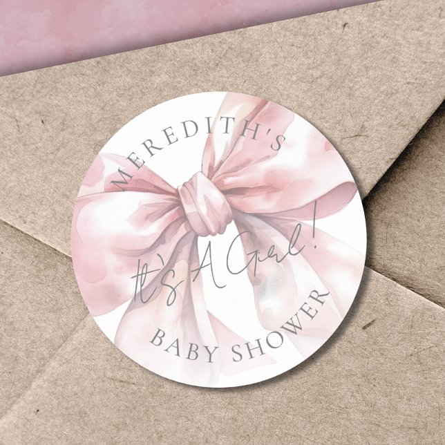 Pegatina Redonda Es un Chica rosado Baby Shower (It's A Girl Pink Bow Baby Shower Classic Round Sticker)