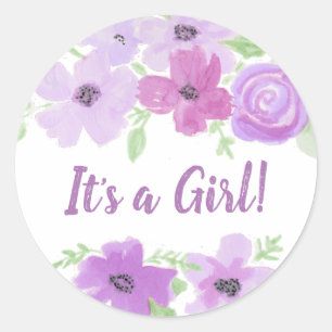 Pegatina Redonda Es un Chica, Watercolor Purple Floral Baby Shower