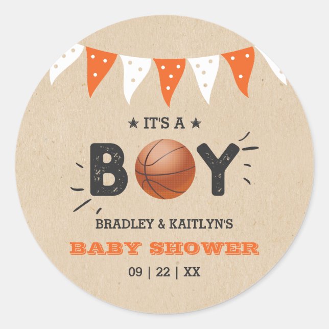 Pegatina Redonda ¡Es un chico! Baby Shower con temas de baloncesto (Anverso)