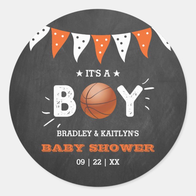 Pegatina Redonda ¡Es un chico! Baby Shower con temas de baloncesto (Anverso)