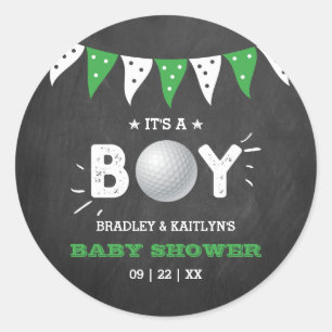 Pegatina Redonda ¡Es un chico! Baby Shower con temas de golf