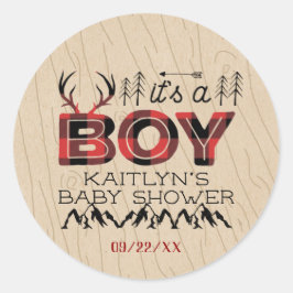 Pegatina Redonda ¡Es un chico! Rustic Plaid Lumberjack Baby Shower