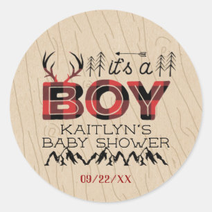 Pegatina Redonda ¡Es un chico! Rustic Plaid Lumberjack Baby Shower