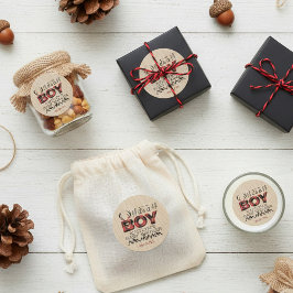 Pegatina Redonda ¡Es un chico! Rustic Plaid Lumberjack Baby Shower