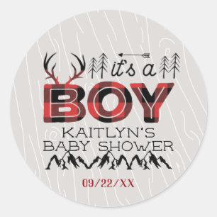 Pegatina Redonda ¡Es un chico! Rustic Plaid Lumberjack Baby Shower
