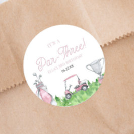 Pegatina Redonda Es un Fiesta de tercer cumpleaños de golf rosa Par