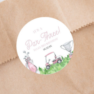 Pegatina Redonda Es un Fiesta de tercer cumpleaños de golf rosa Par