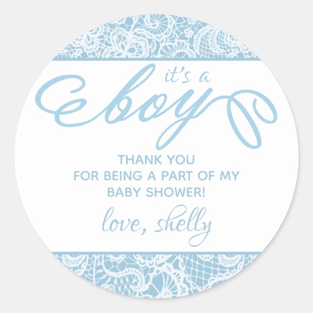 Pegatina Redonda ¡Es un niño! Fancy Blue & White Lace Baby Shower (Anverso)